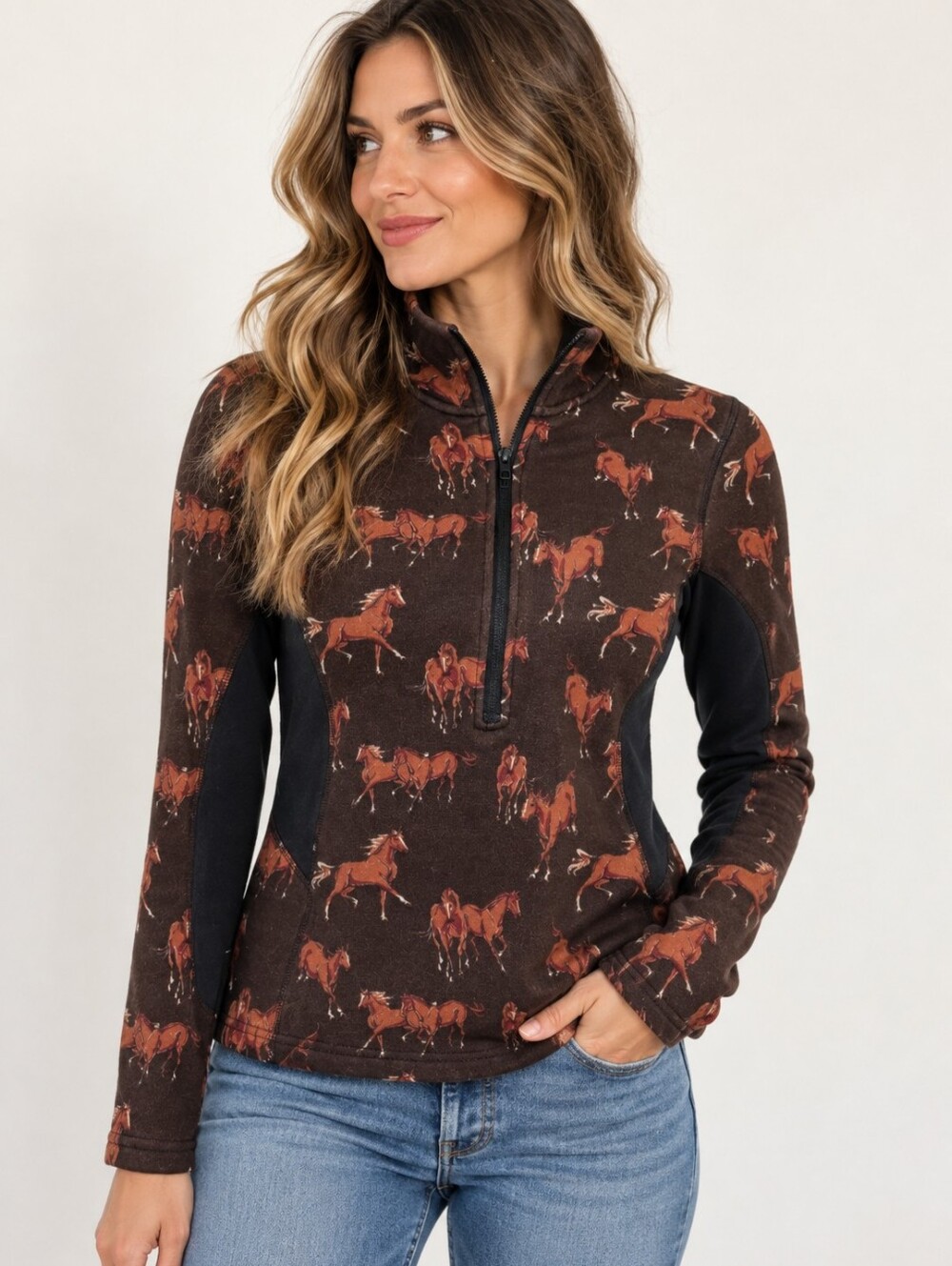 Kerrits Equestrian Horse Print Quarter Zip Riding Top Brown Black Small
